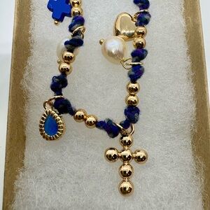 Gold and Blue Cross Charm Necklace New